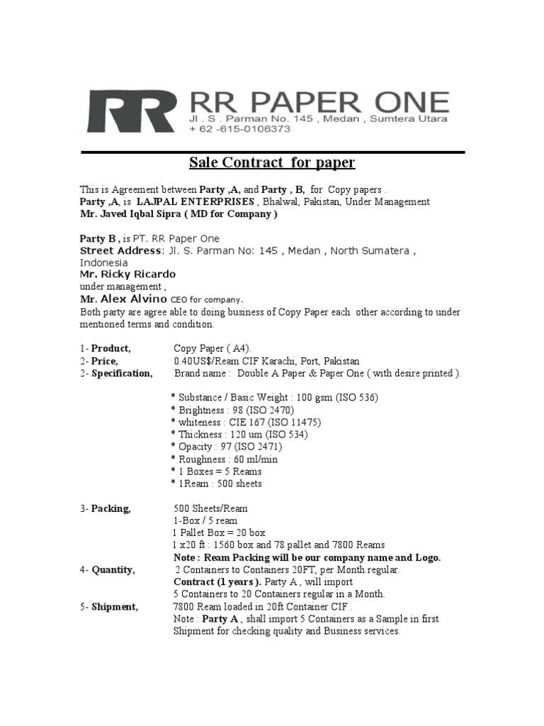 Sale Contract for Copy Paper Agreement | PDF | Paper And Packaging ...