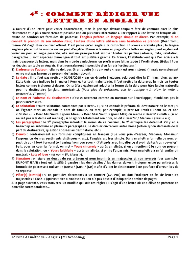 Exemples de modèles: Comment Ecrire Une Lettre En Anglais