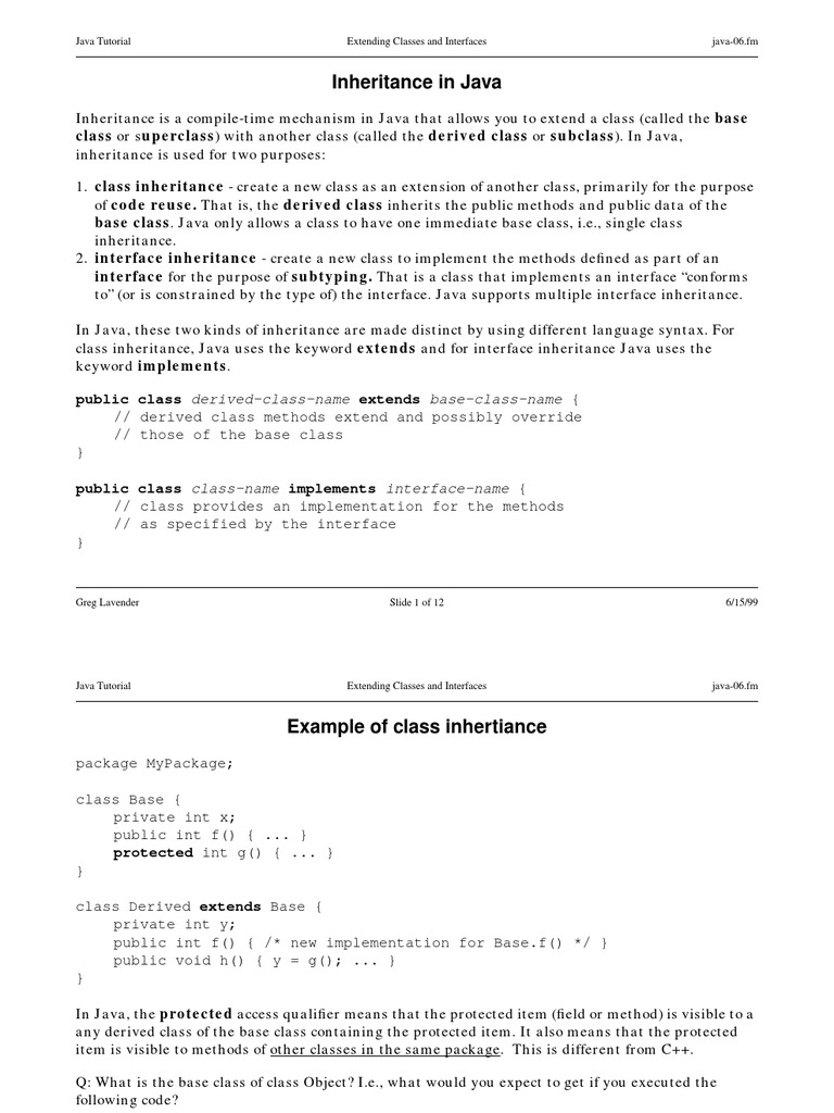 Inheritance in Java: Derived-Class-Name Extends Base-Class-Name ( | PDF ...