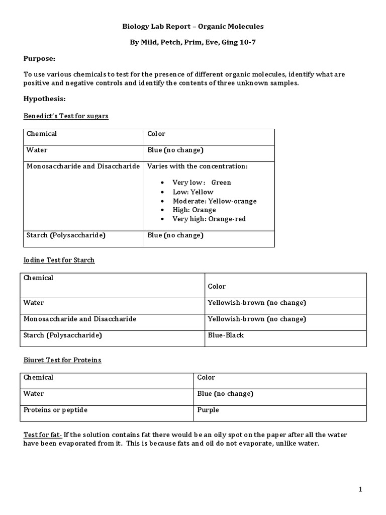 Organic Molecules Testing Lab Report | PDF | Carbohydrates | Starch