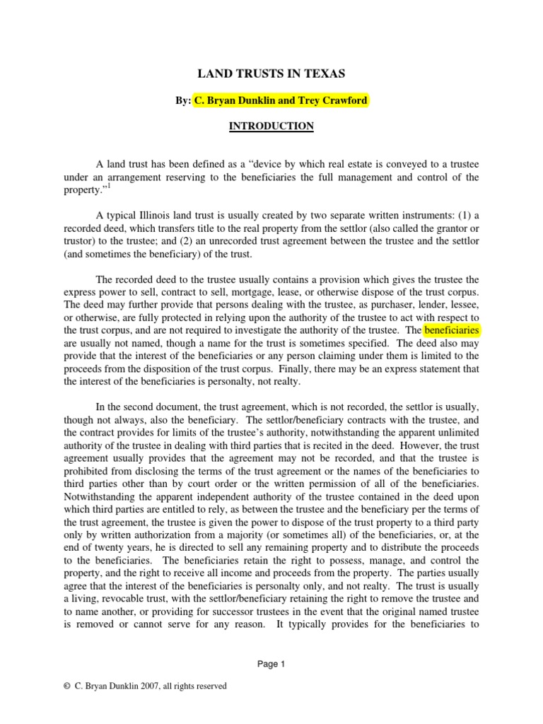 Land Trusts in Texas Trust Law Title (Property)