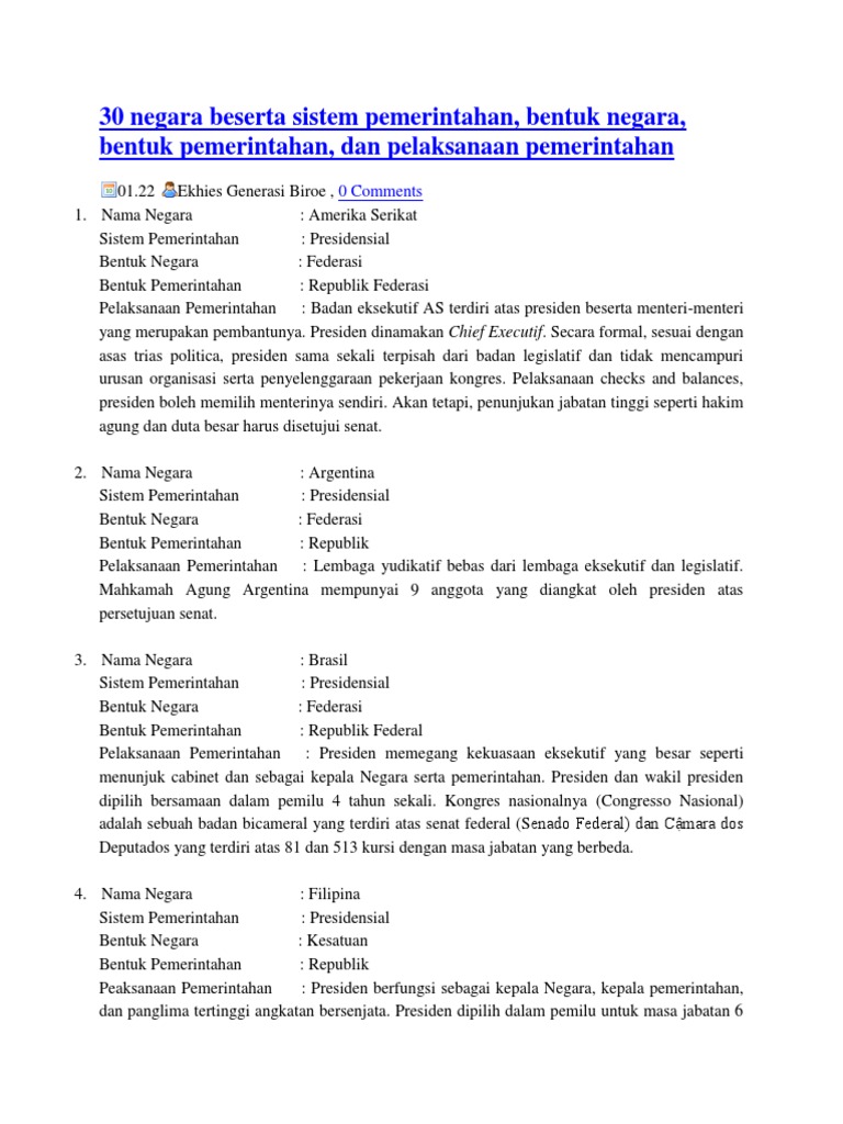 30 Negara Beserta Sistem Pemerintahan