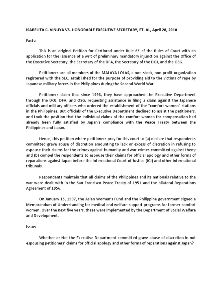 Isabelita c vinuya vs honorable executive secretary et al april 28