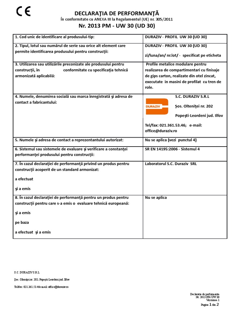 Decl. Performanta Profil Metalic - UW 30 | PDF