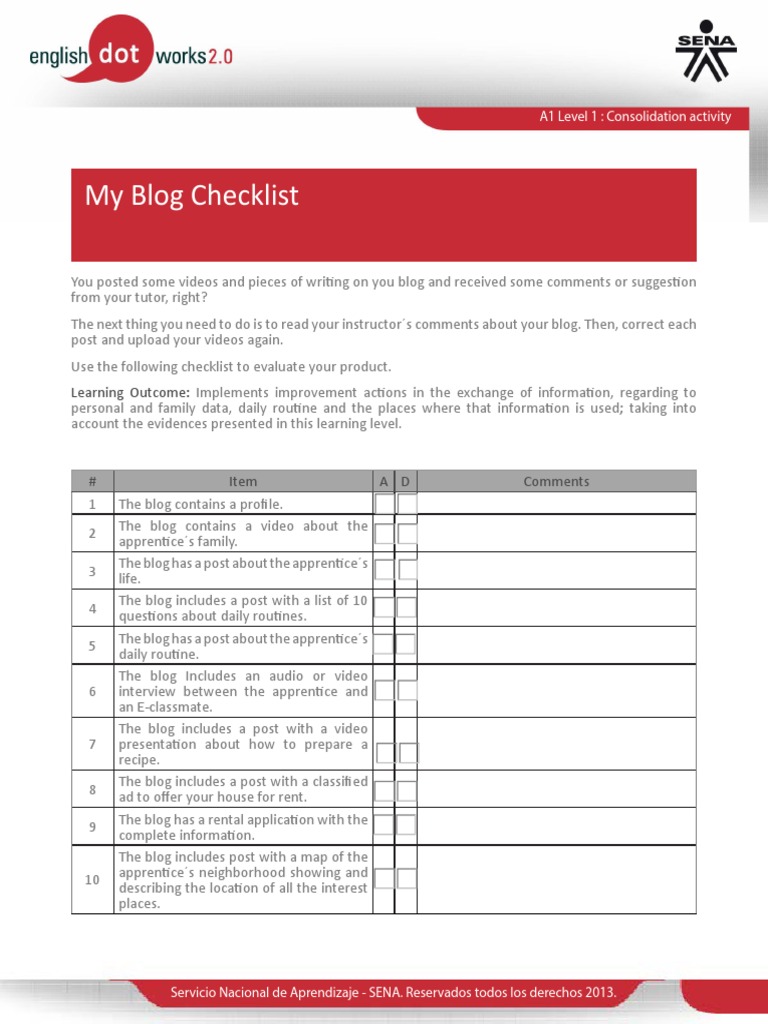 A1 Level 1 Blog Improvement Checklist | PDF