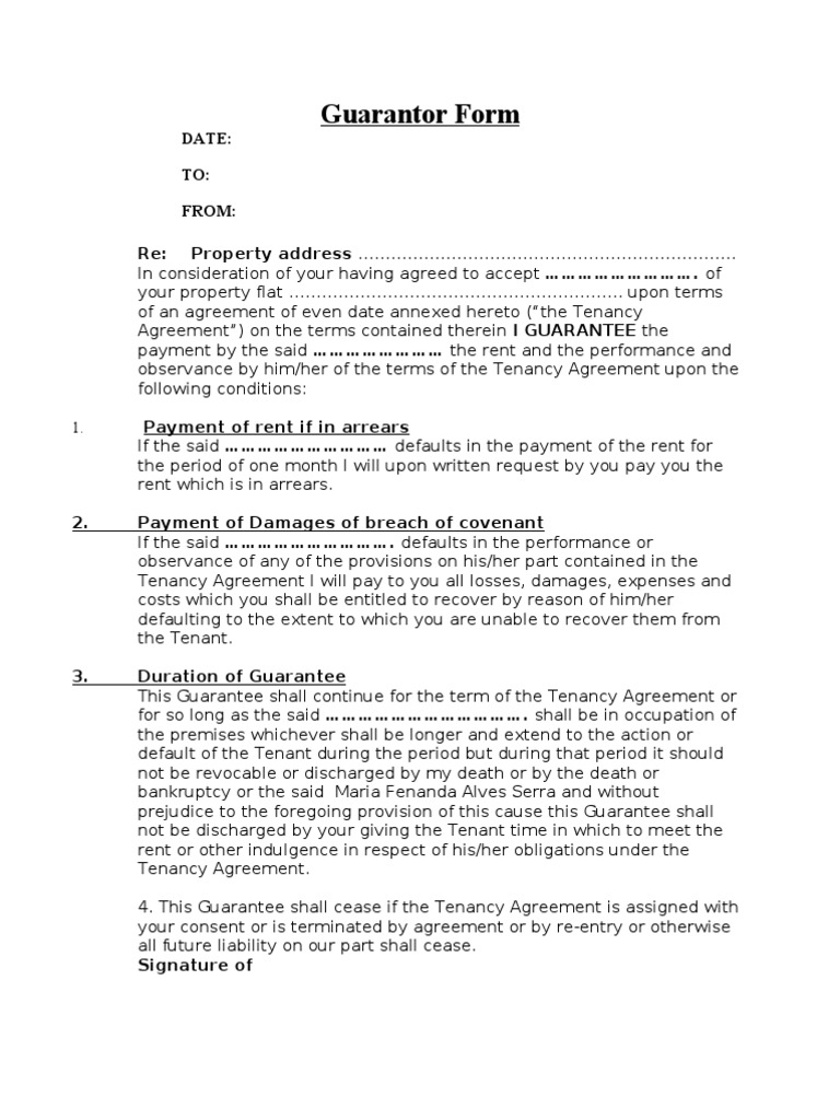 Guarantor Agreement for Tenancy | PDF