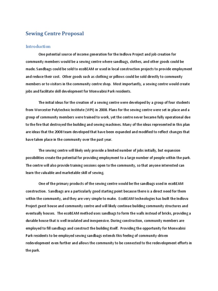 Sewing Centre Proposal PDF Sewing Sewing Machine