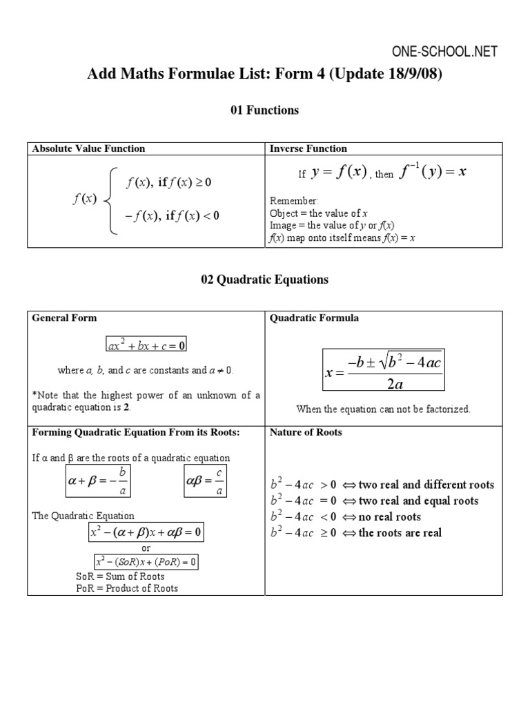 SPM Add Maths Formula List Form4 | PDF | Sine | Slope