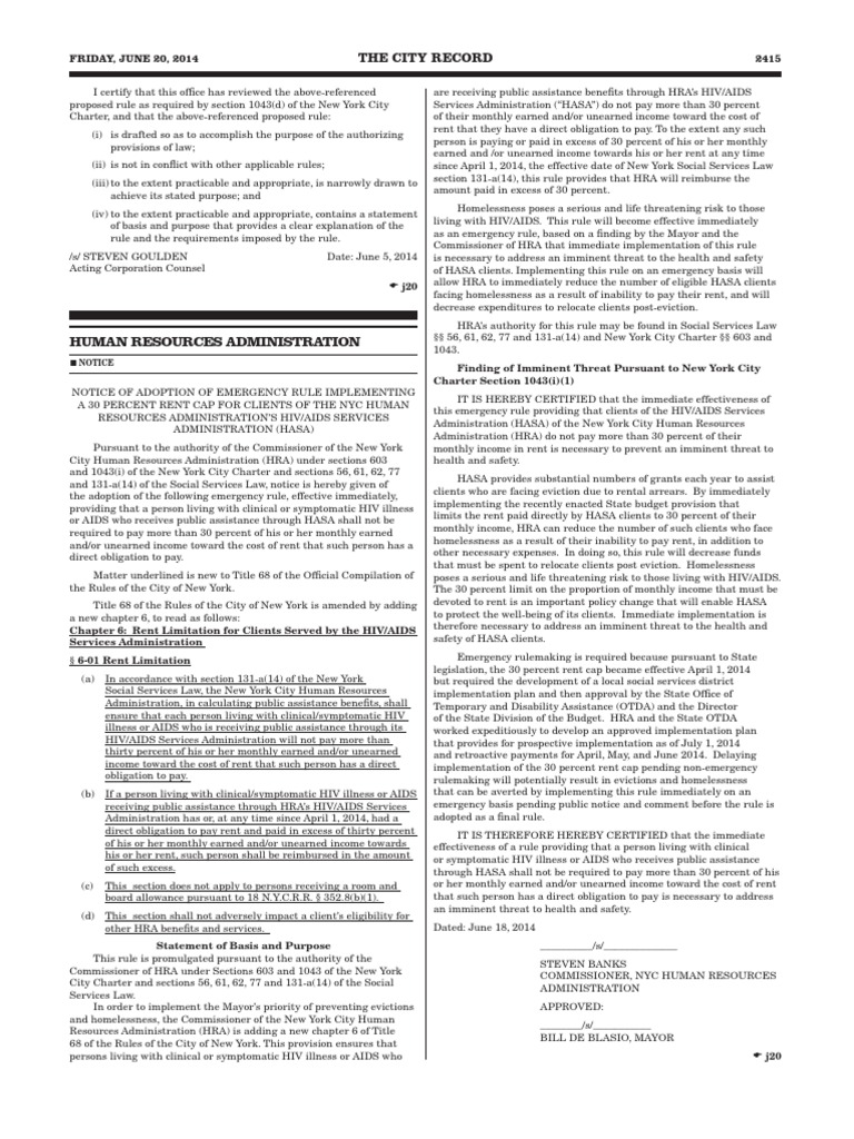 Emergency Rule Implementing "30 Rent Cap" Affordable Housing