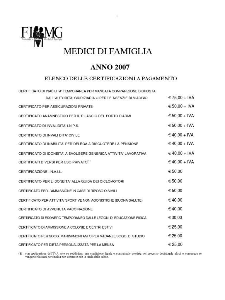 TARIFFARIO CERTIFICAZIONI A PAGAMENTO (Federazione Medici Di Famiglia) PDF