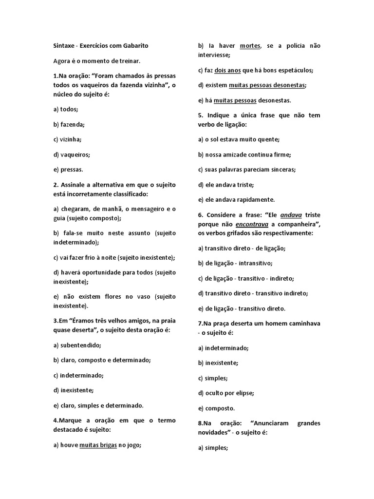 Exercícios de Sintaxe com Gabarito | PDF | Assunto (gramática) | Estilo ...