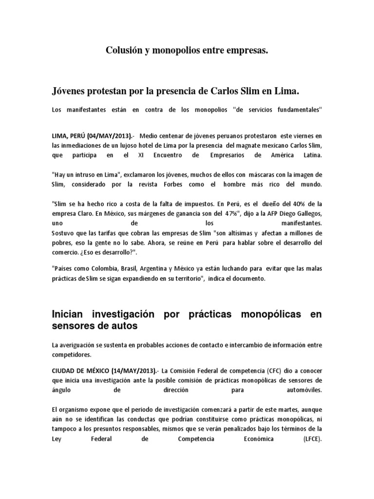 Colusión y Monopolios Entre Empresas | PDF