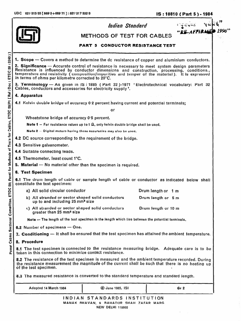 IS 10810 Part 5: Conductor Resistance Test | PDF | Electrical ...