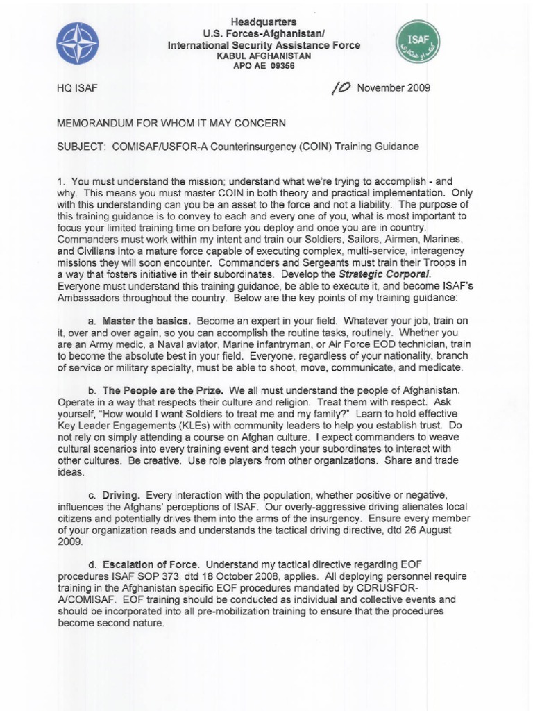 COMISAF - Coin Training Guidance (Nov 09) | PDF