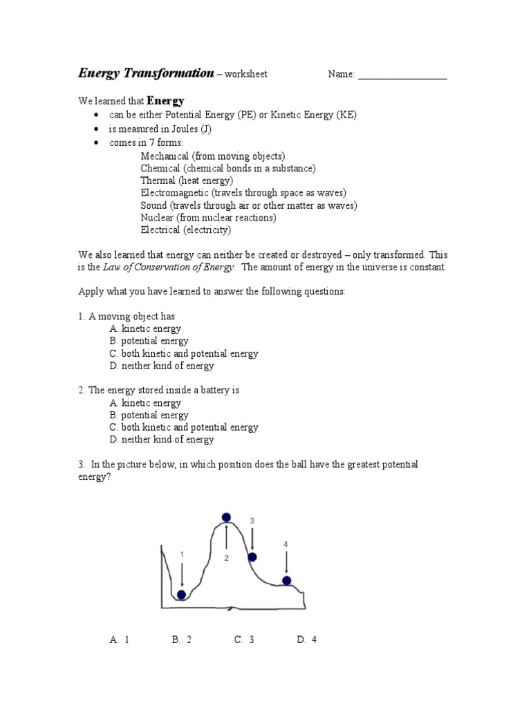 Energy Transformation Worksheet | PDF