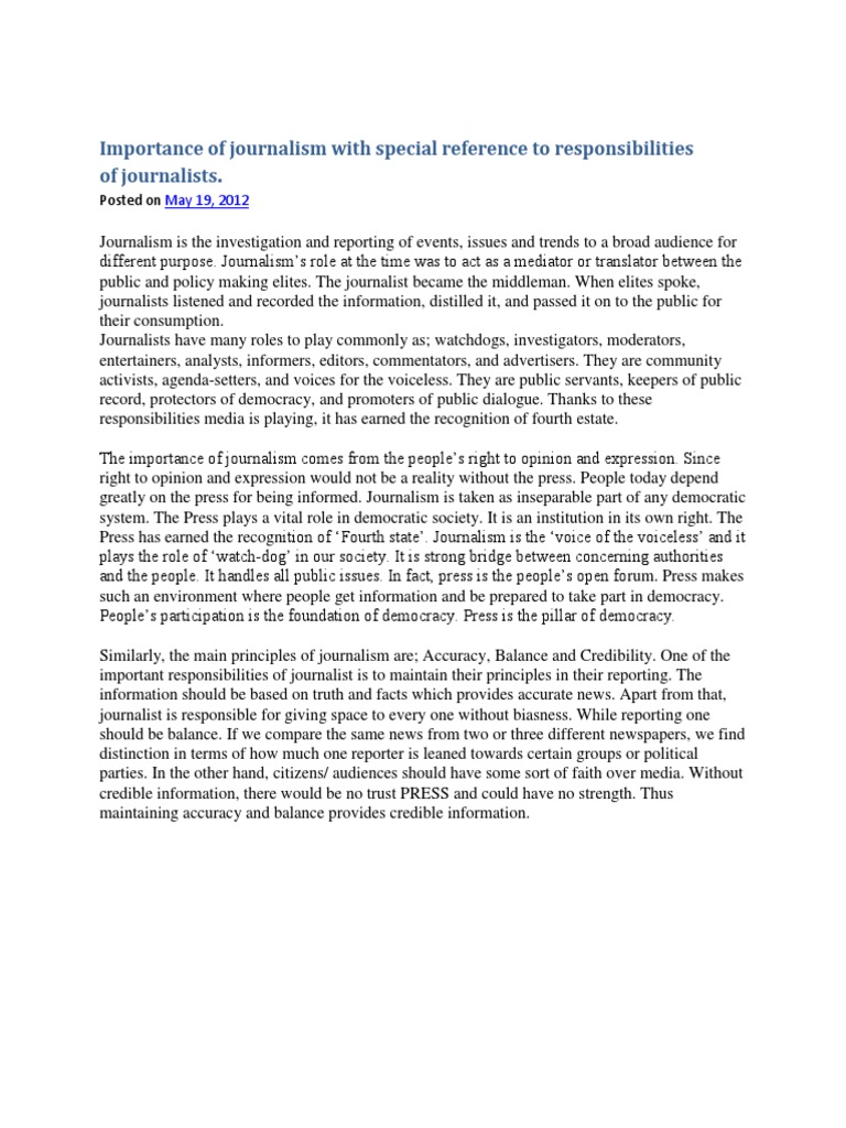 Importance of Journalism With Special Reference to Responsibilities Of