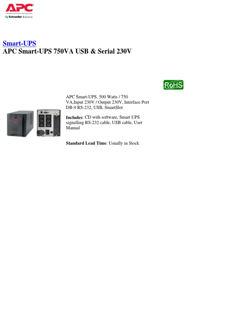 Apc Smart Ups 750 Datasheet | PDF | Battery (Electricity) | Mains ...