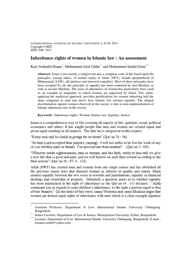 Inheritance Rights of Women in Islamic Law (Vol. 2, No. 2) 2013 | PDF ...