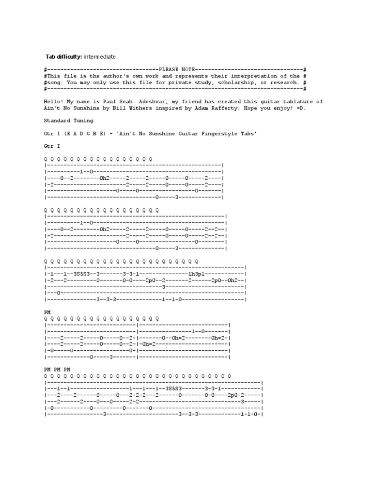 Aint No Sunshine Tabs String Instruments Musical Compositions