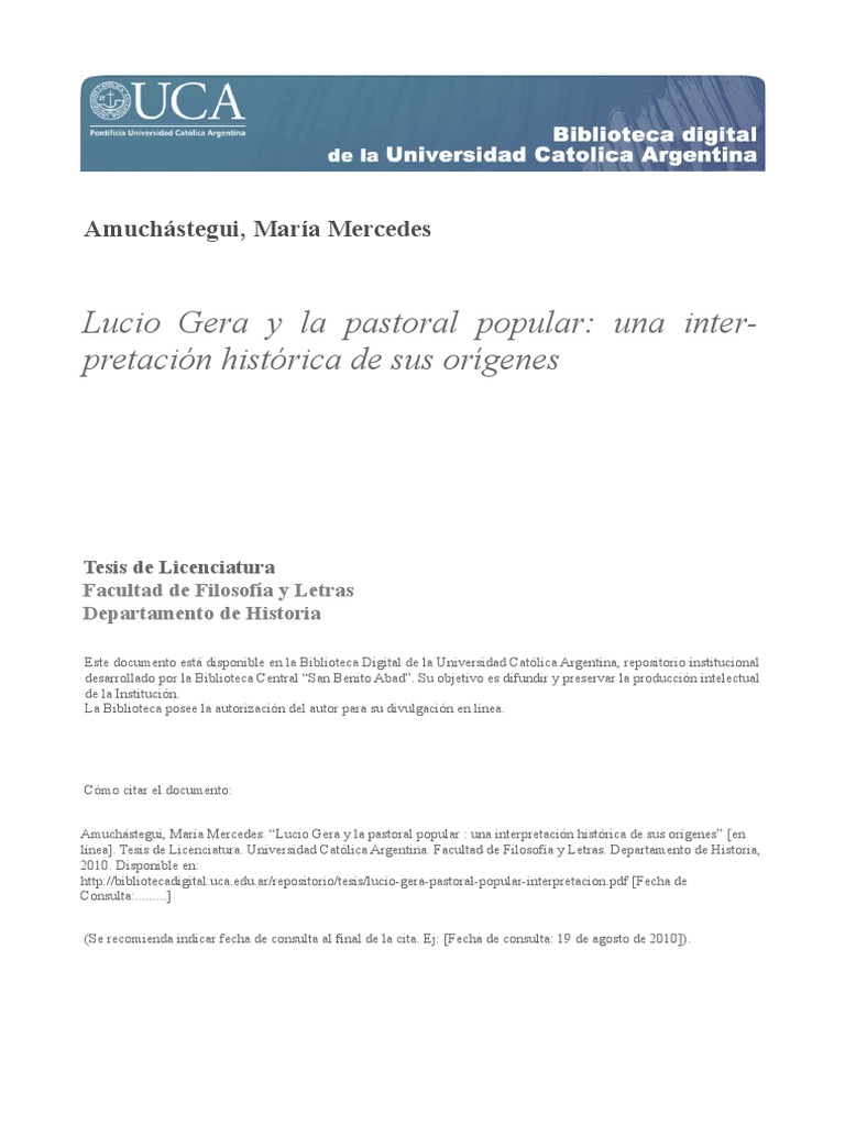 Lucio Gera Pastoral Popular Interpretacion PDF Concilio Vaticano II