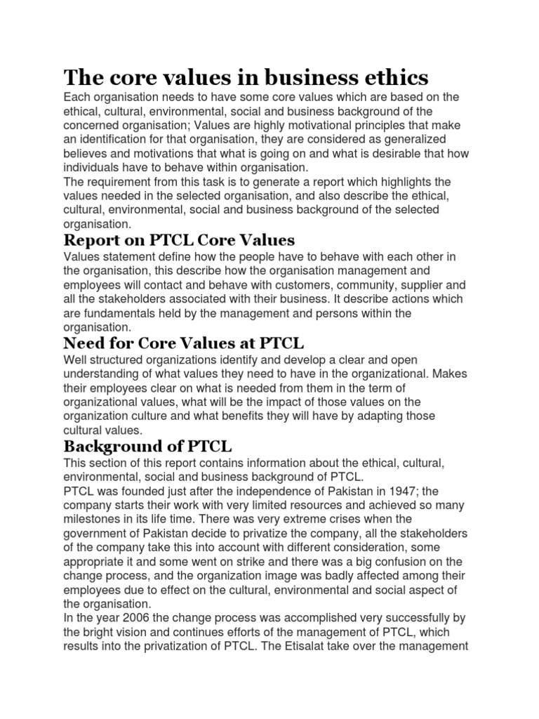 PTCL Core Values and Ethics Report | PDF | Value (Ethics) | Stakeholder ...