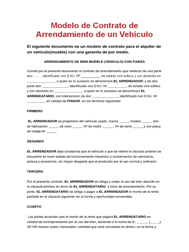 Modelo de Contrato de Arrendamiento de Un Vehículo