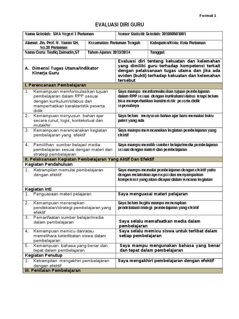 Format 1dan 2 - Evaluasi Diri Guru Dan PKB