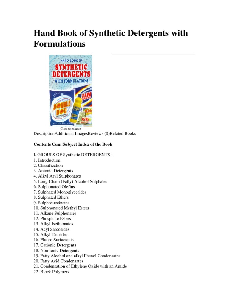 Synthetic Detergents With Formulations Hand Book Download Free PDF