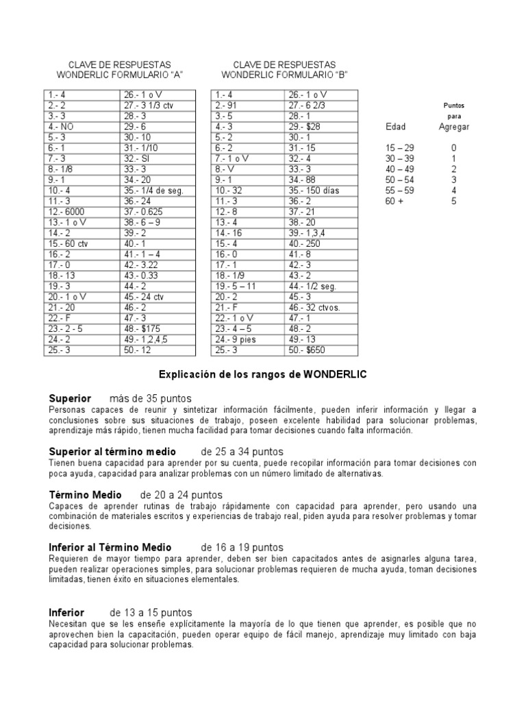 Hoja de Respuestas Test Wonderlic Ay b