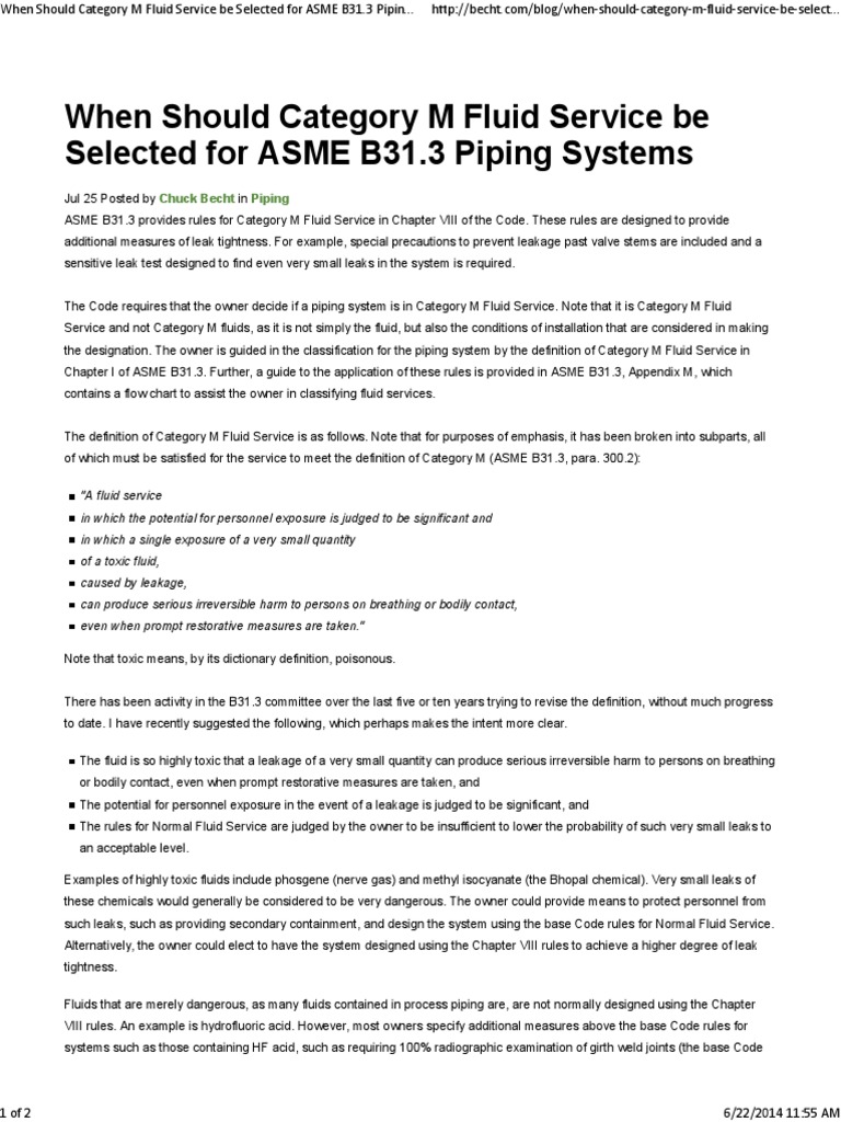 When Should Category M Fluid Service Be Selected for ASME B31 Leak Chemistry