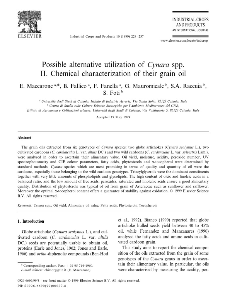 Possible Alternative Utilization of Cynara Spp. II. Chemical