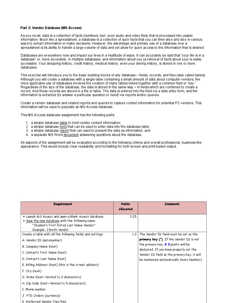 MS Access Vendor Database Assignment | PDF | Microsoft Access | Databases