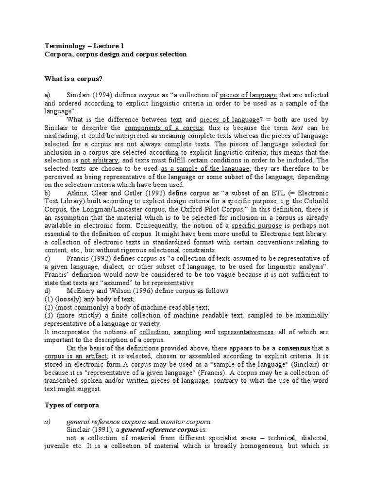 Terminology - Lecture 1 Corpora, Corpus Design and Corpus Selection ...