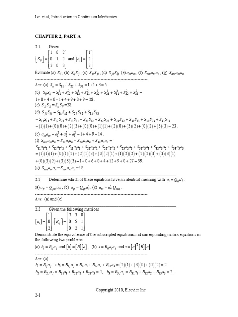 Solutions Manual Continuum Mechanics Lai 4th Edittion | PDF