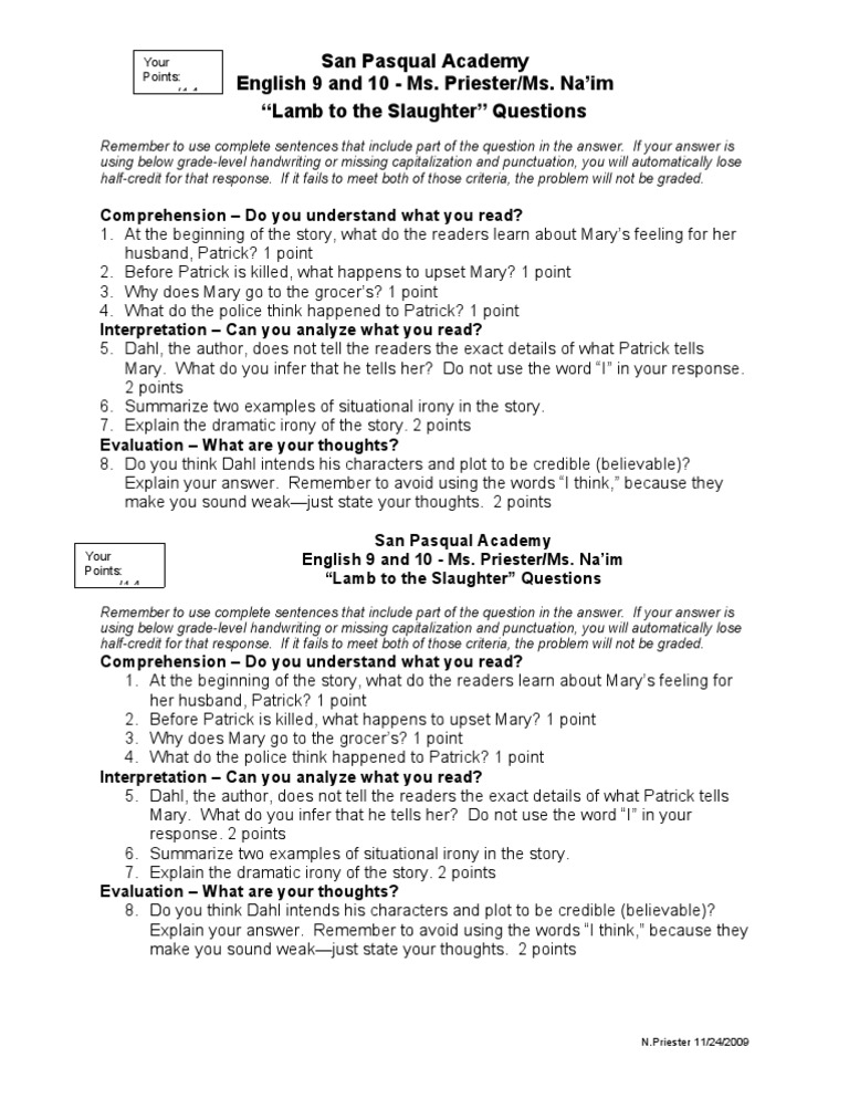 Lamb Questions PDF Reading Comprehension Irony