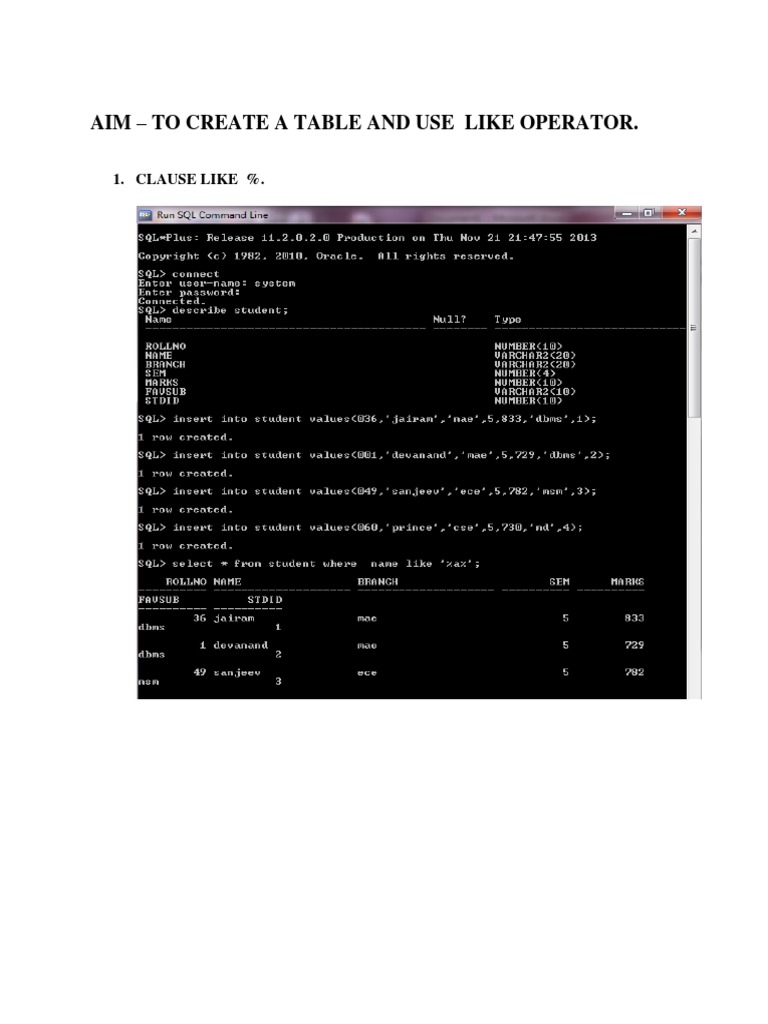 Aim - To Create A Table and Use Like Operator | PDF | Career & Growth ...