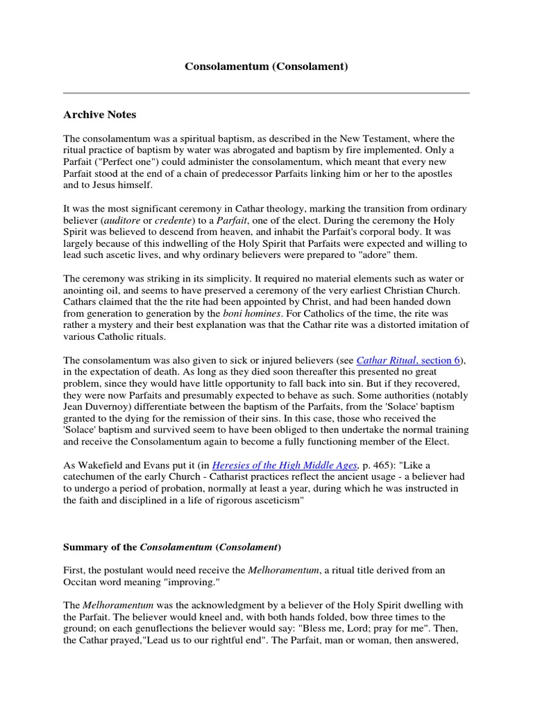 A Detailed Examination of the Cathar Ritual of Consolamentum | PDF ...