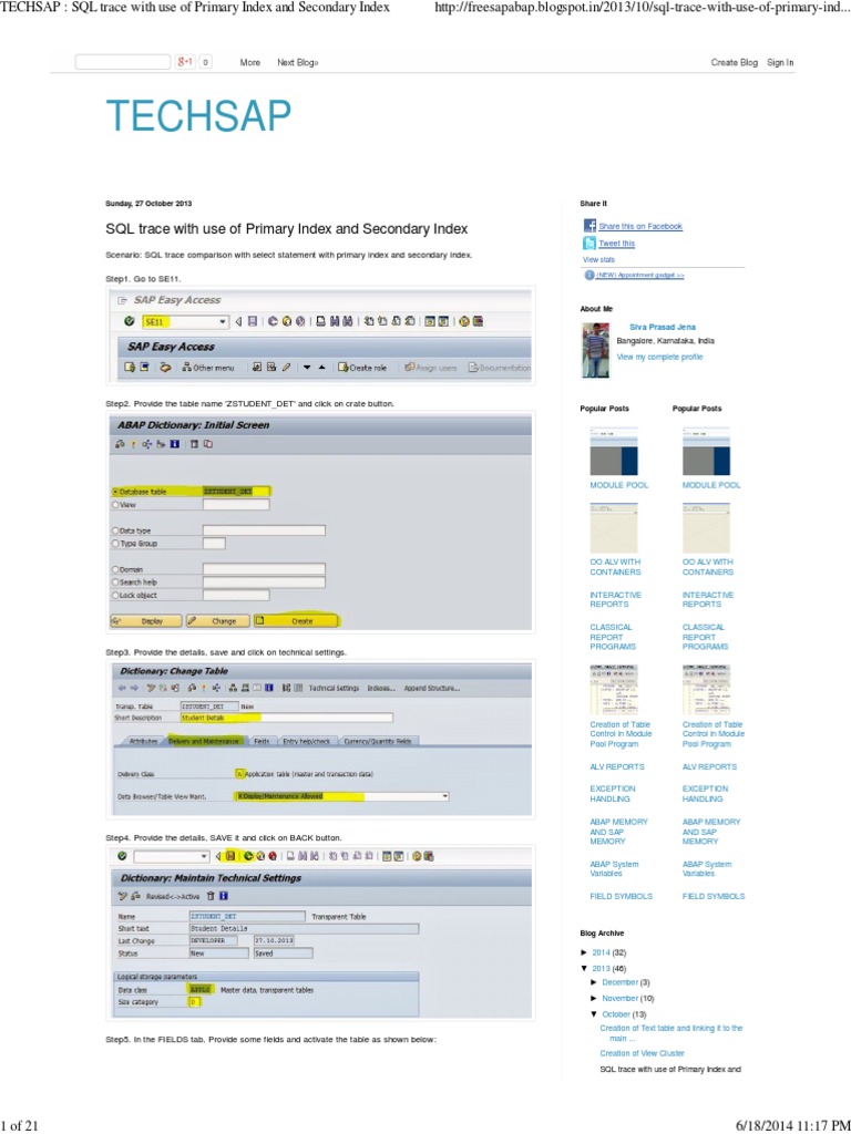 TECHSAP - SQL Trace With Use of Primary Index and Secondary Index | PDF |  Database Index | Information Retrieval