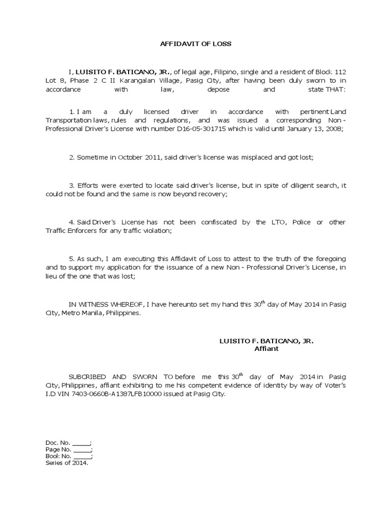 Affidavit Of Loss Driver s License PDF Affidavit Government