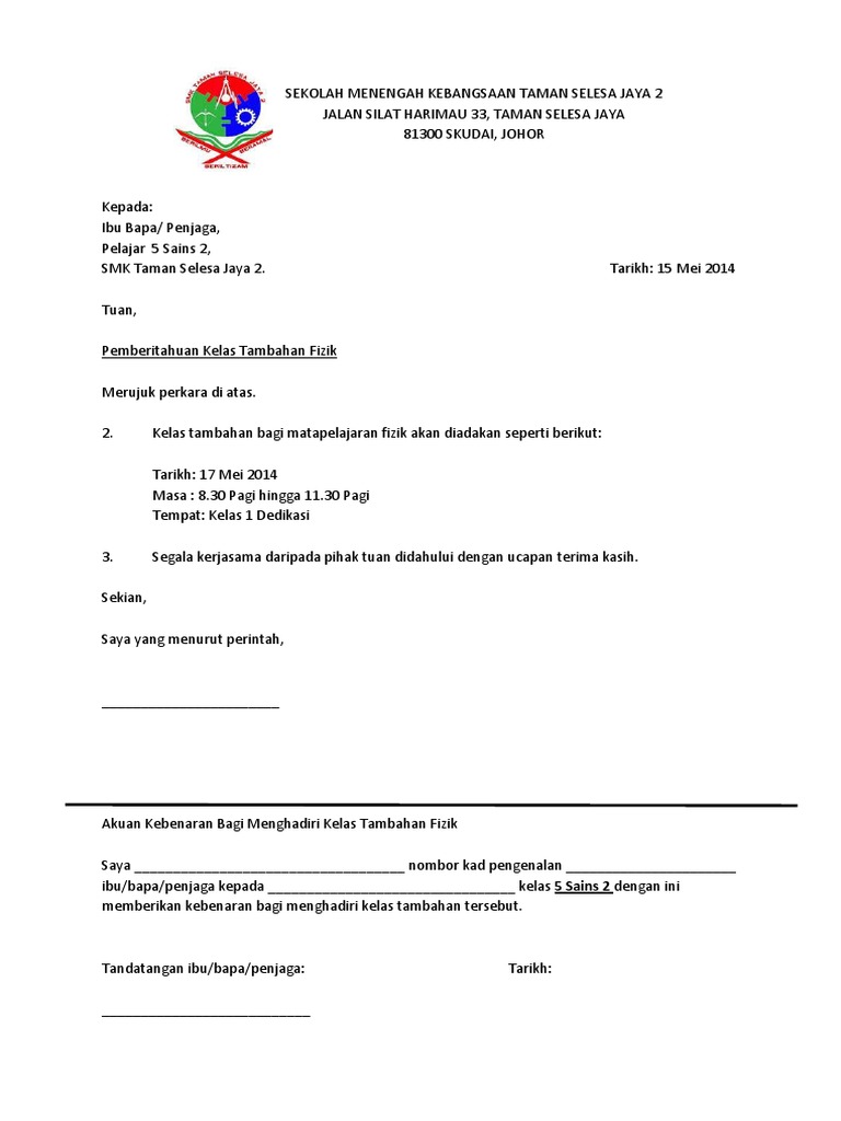 Contoh Surat Kebenaran Kelas Tambahan