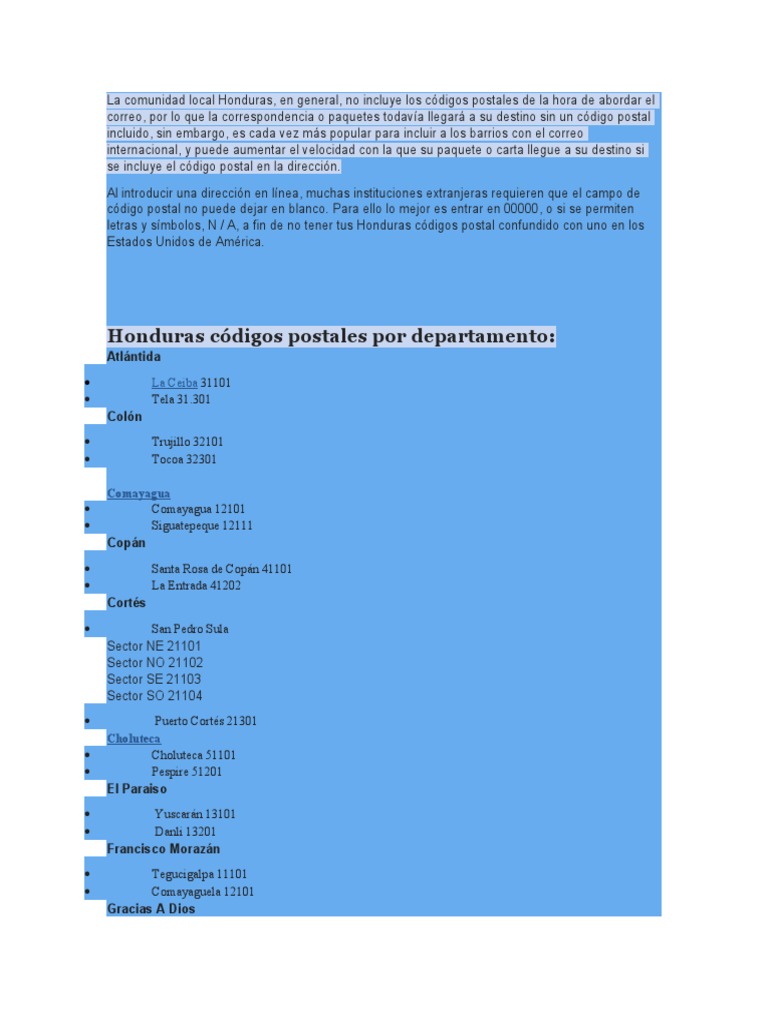 Honduras Códigos Postales Por Departamento Postal System Philately