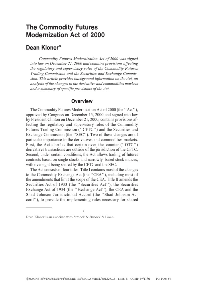 The Commodities Futures Modernization Act Pub134 Commodity Futures