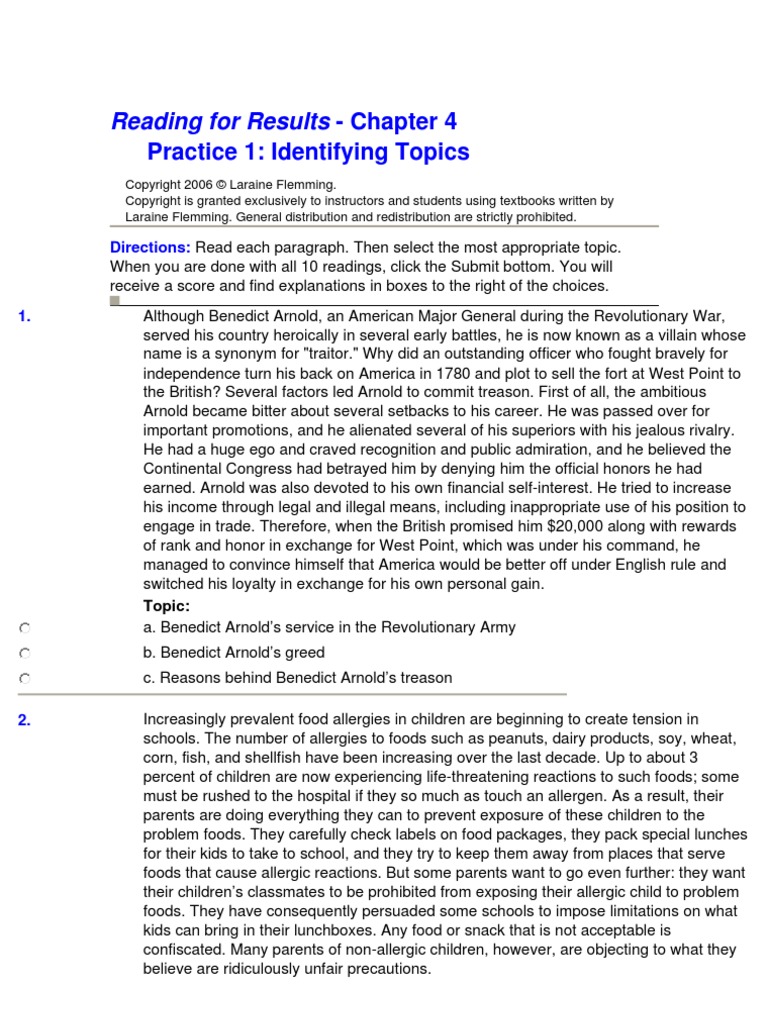 Reading For Results - Chapter 4 Practice 1: Identifying Topics | PDF ...