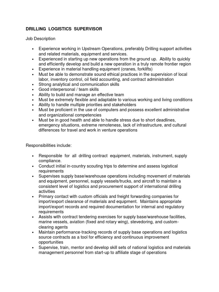 Logistics Supervisor Job Description - Best Resumes