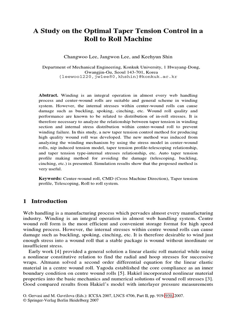Optimal Taper Tension Control PDF Linear Elasticity Stress