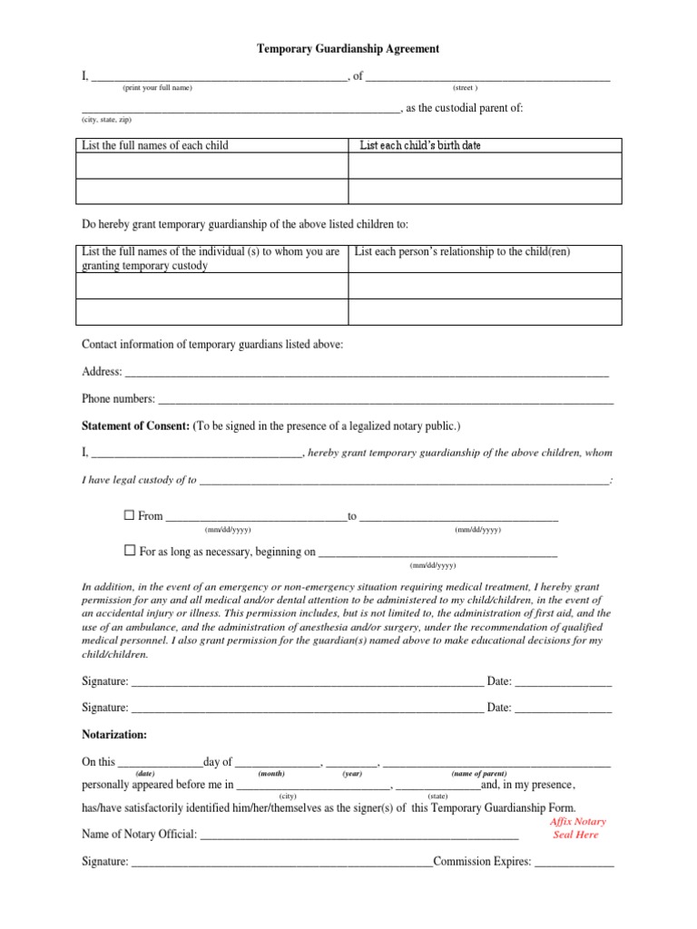 Temporary Guardianship Agreement Template | PDF | Law