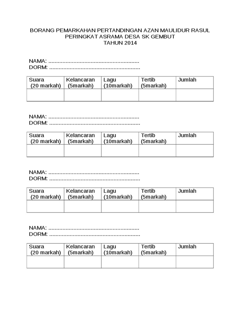 Borang Pemarkahan Pertandingan Azan Maulidur Rasul Pdf