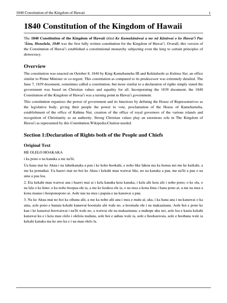 1840 Constitution of The Kingdom of Hawaii PDF Kingdom Of Hawaii
