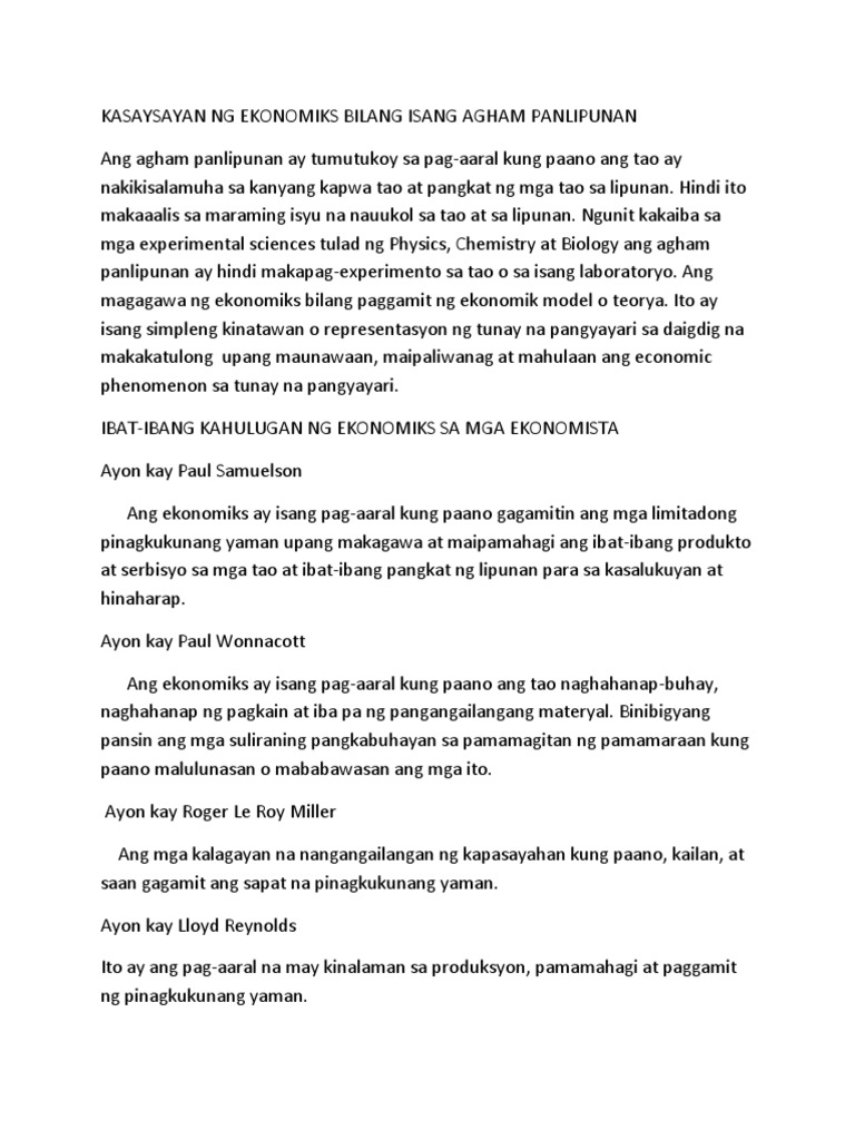 Kasaysayan Ng Ekonomiks Bilang Isang Agham Panlipunan Pdf