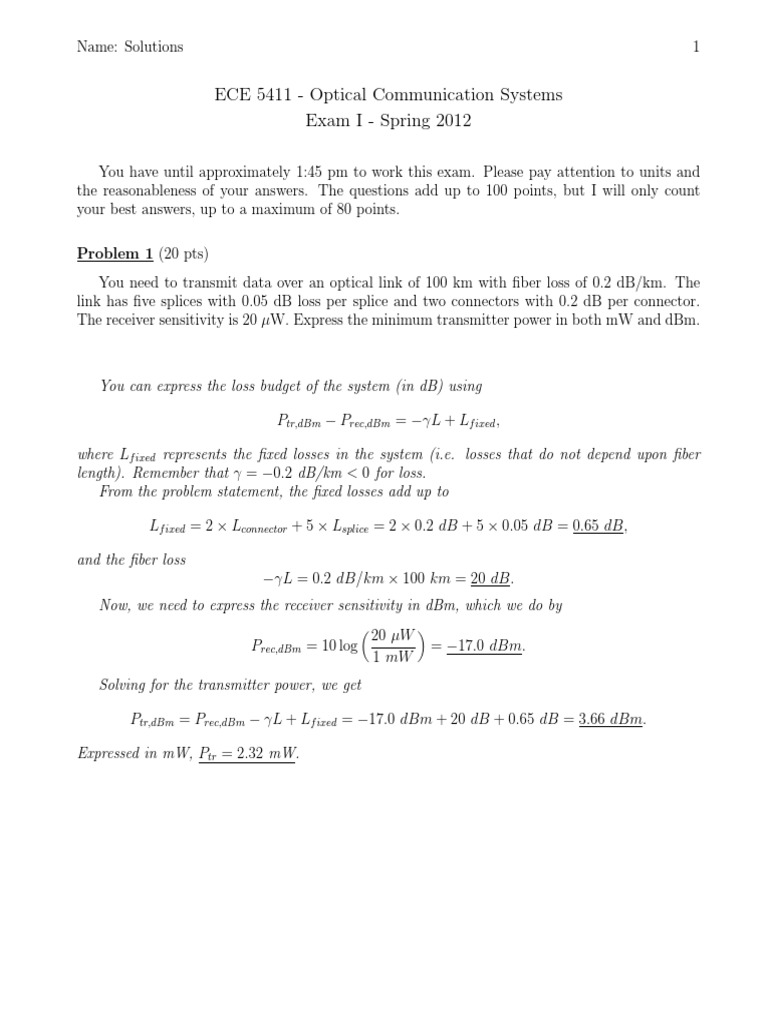 Optical Fiber Communication Systems Exam with Questions on Link Budget